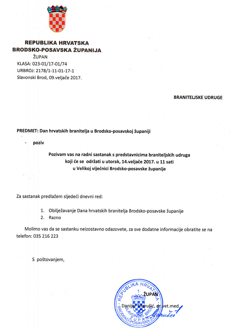 Poziv za sastanak braniteljskih udruga